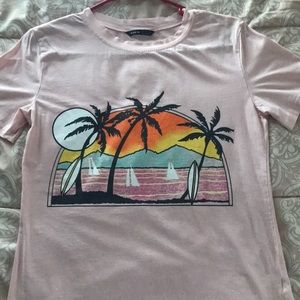 Shein - Light Pink T-shirt - Palm Tree Beach scene